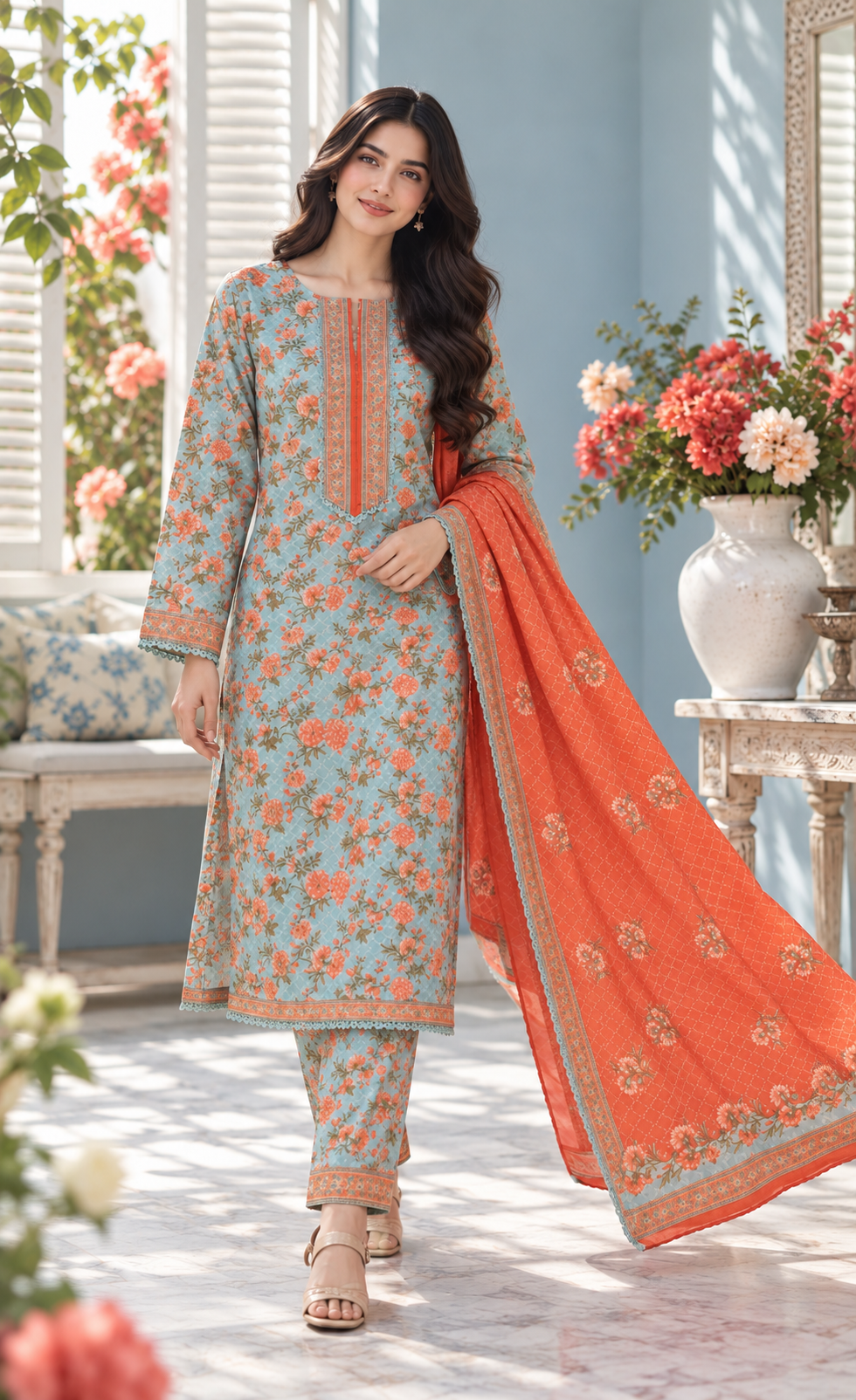 Bin Saeed Aqua Coral Floral Printed 3-Piece Suit