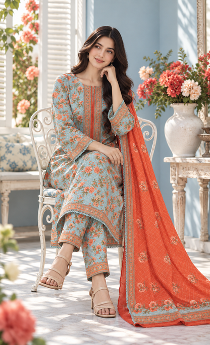 Bin Saeed Aqua Coral Floral Printed 3-Piece Suit