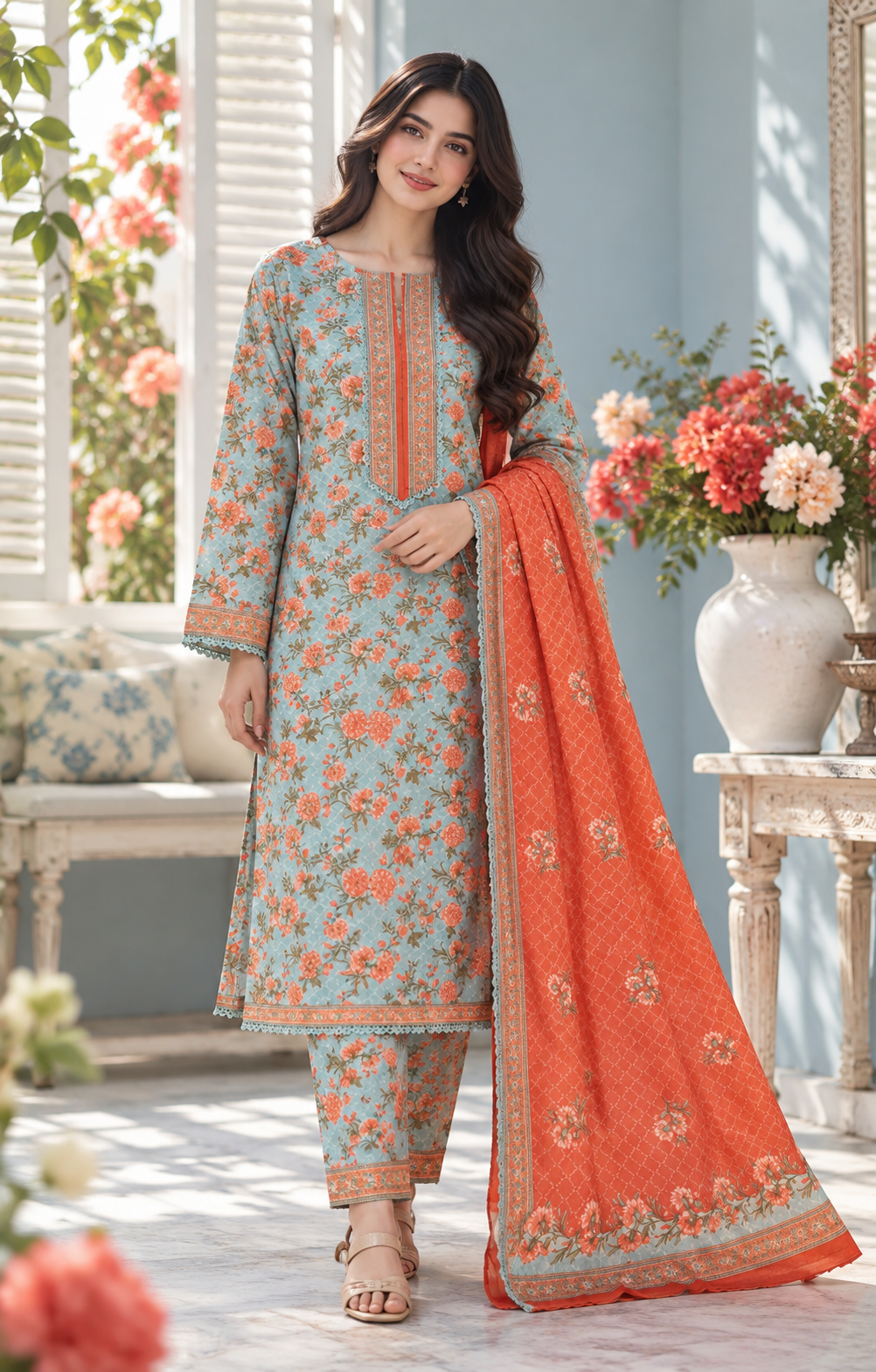 Bin Saeed Aqua Coral Floral Printed 3-Piece Suit
