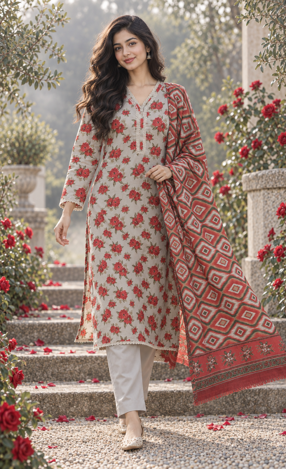 Bin Saeed Ivory, Red & Olive
