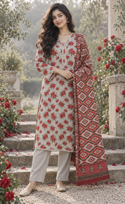 Bin Saeed Ivory, Red & Olive
