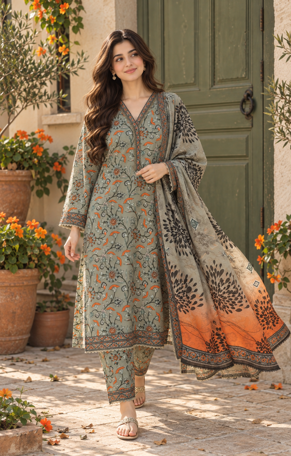 Bin Saeed Sage Orange Floral Printed 3-Piece Suit