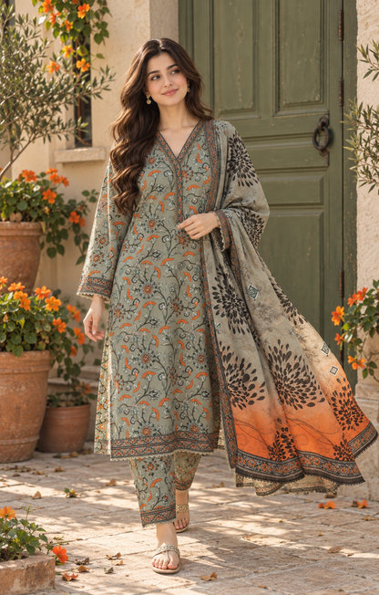 Bin Saeed Sage Orange Floral Printed 3-Piece Suit