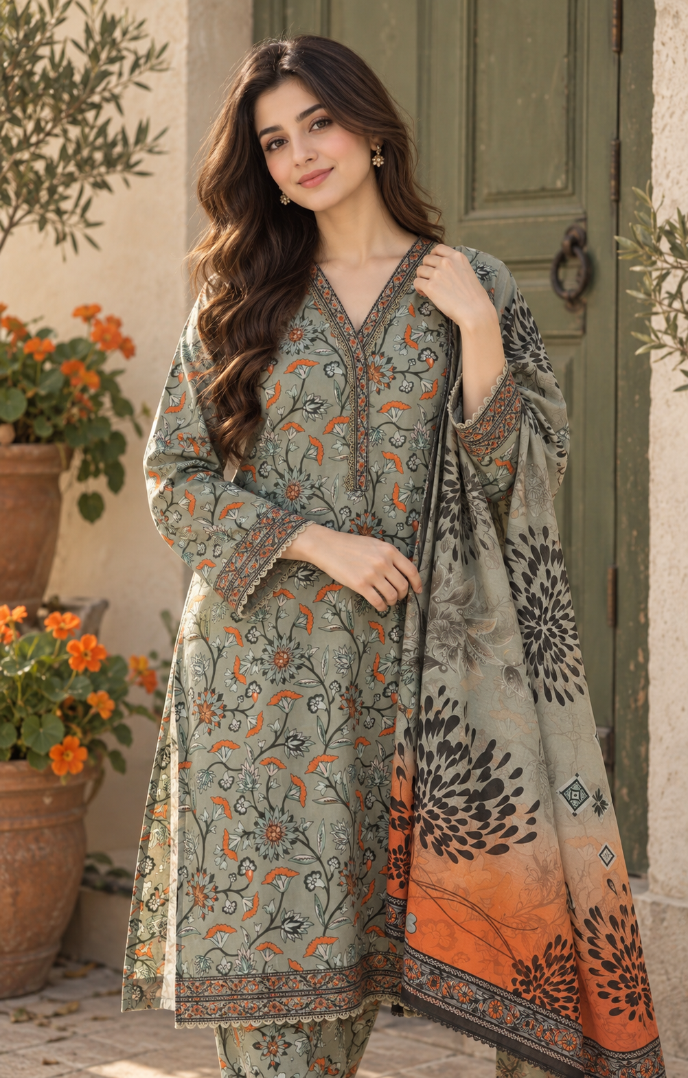 Bin Saeed Sage Orange Floral Printed 3-Piece Suit