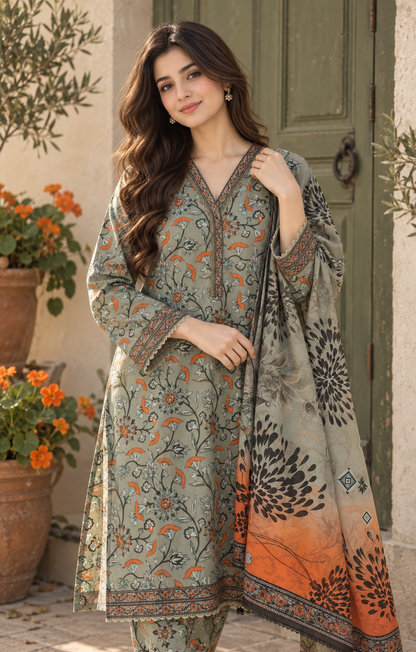 Bin Saeed Sage Orange Floral Printed 3-Piece Suit