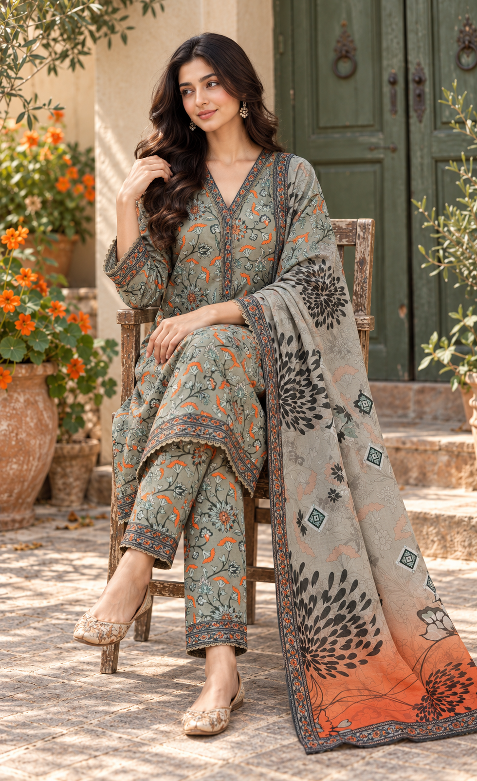 Bin Saeed Sage Orange Floral Printed 3-Piece Suit