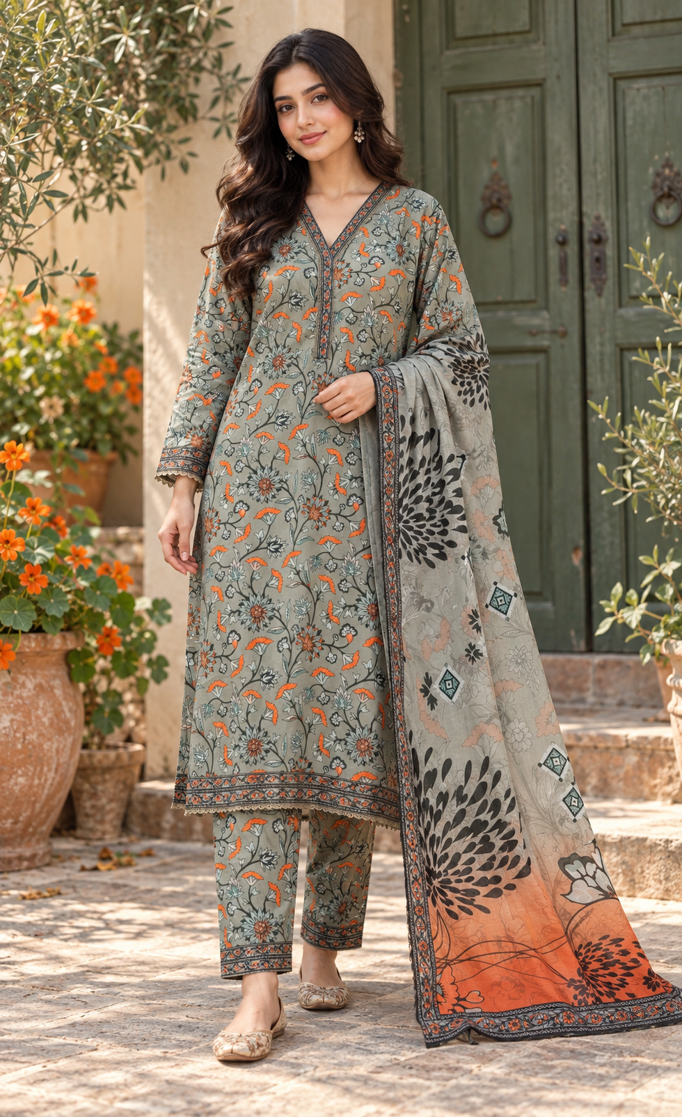 Bin Saeed Sage Orange Floral Printed 3-Piece Suit