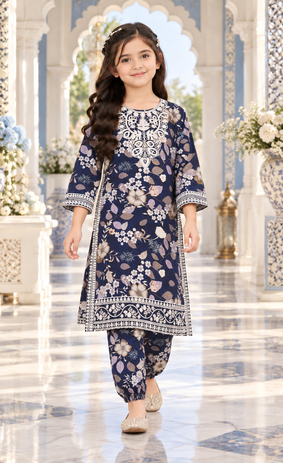 Kids Navy Floral Printed 2-Piece Suit
