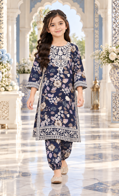 Kids Navy Floral Printed 2-Piece Suit