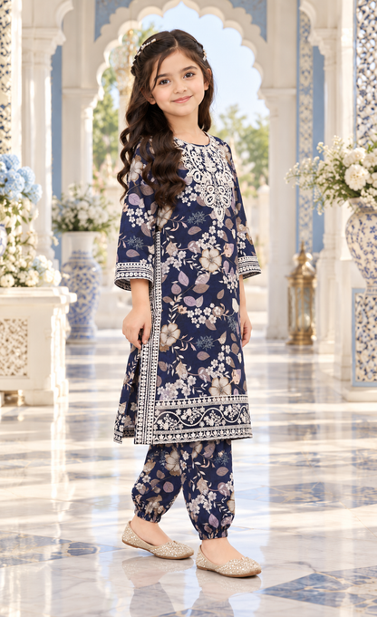 Kids Navy Floral Printed 2-Piece Suit