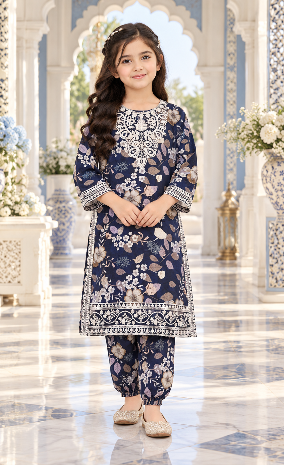 Kids Navy Floral Printed 2-Piece Suit