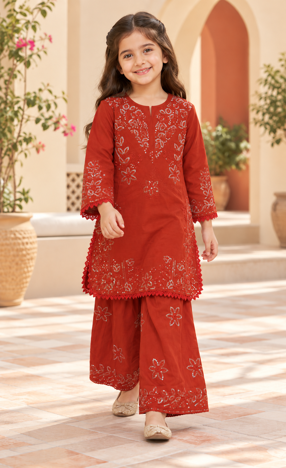 Kids Rust Red Embroidered 2-Piece Suit