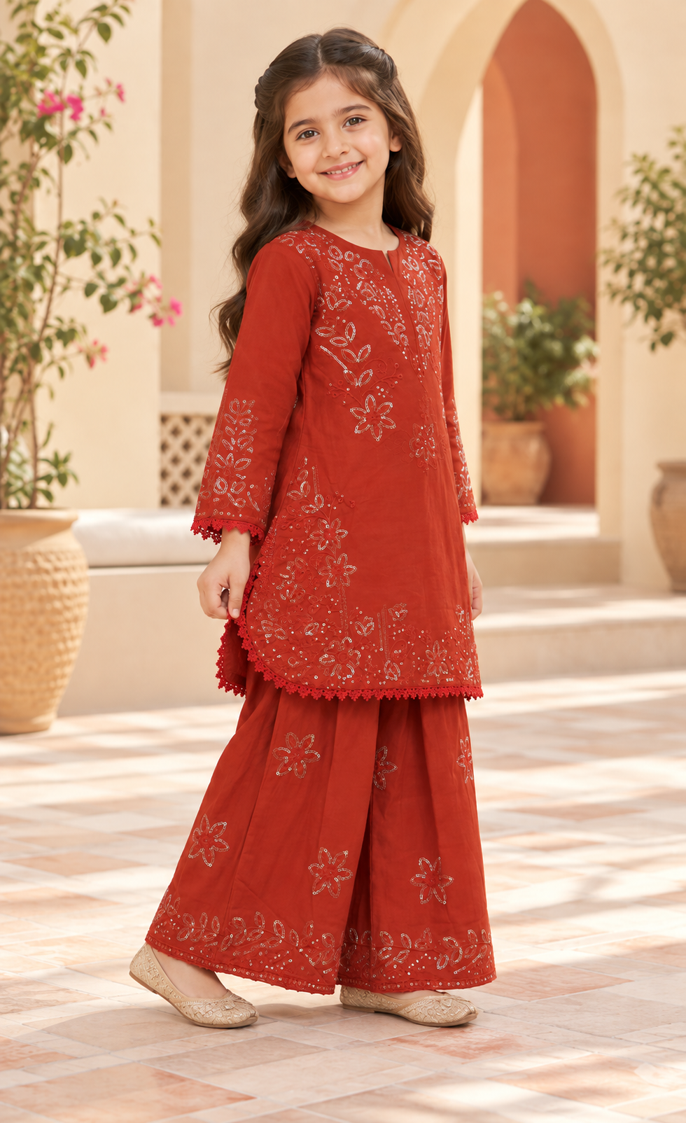 Kids Rust Red Embroidered 2-Piece Suit