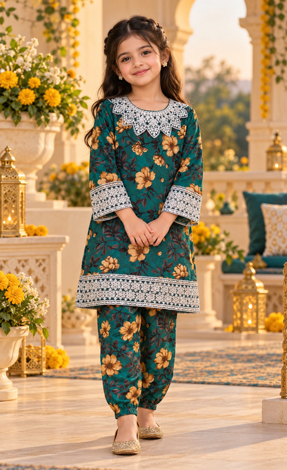 Kids Teal Floral Lace 2-Piece Suit