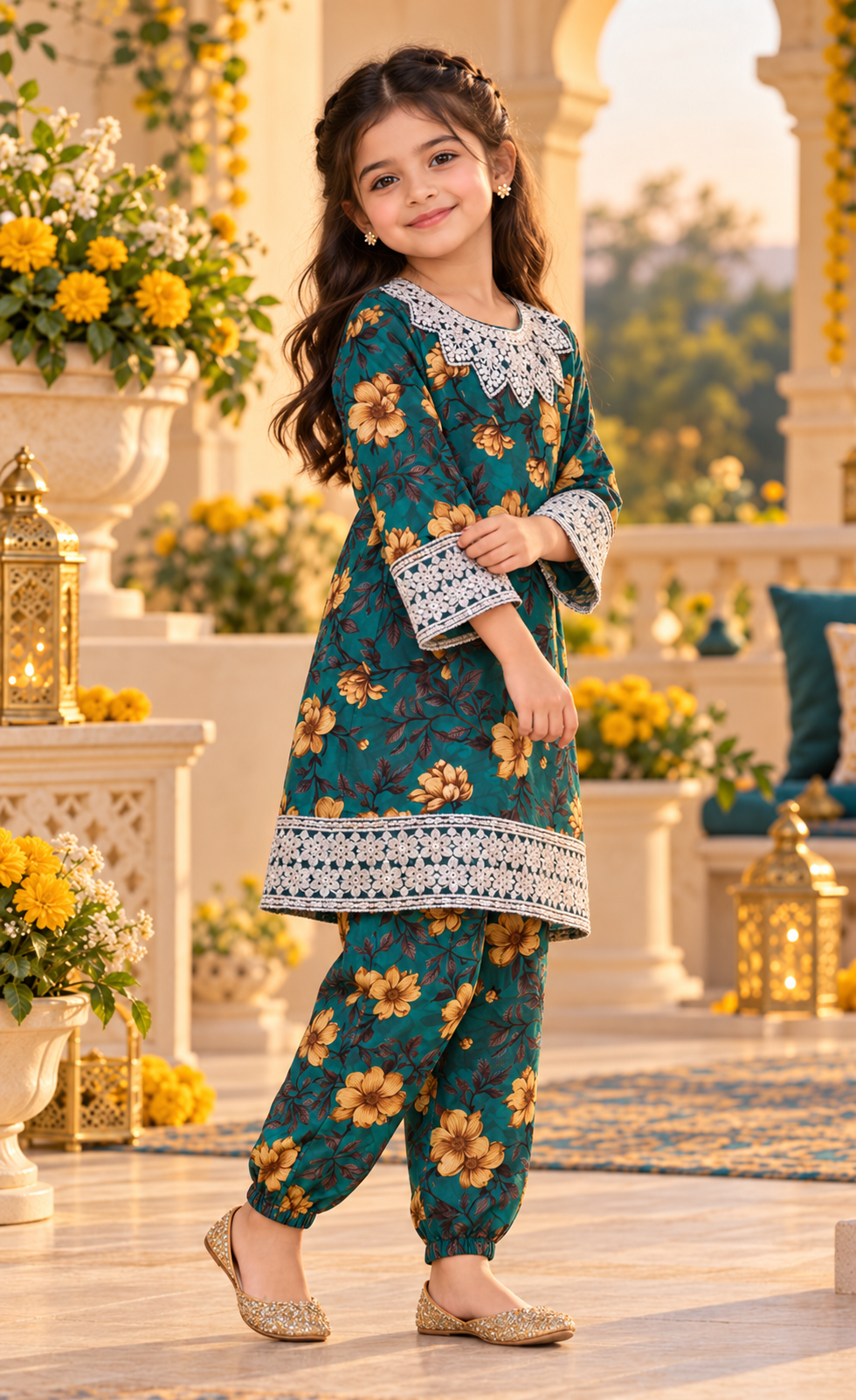 Kids Teal Floral Lace 2-Piece Suit