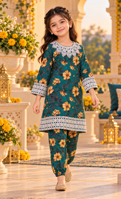 Kids Teal Floral Lace 2-Piece Suit