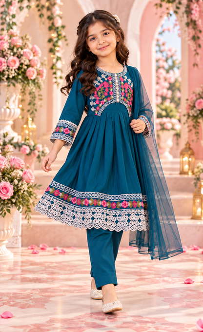 Kids Teal Floral Embroidered 3-Piece Suit