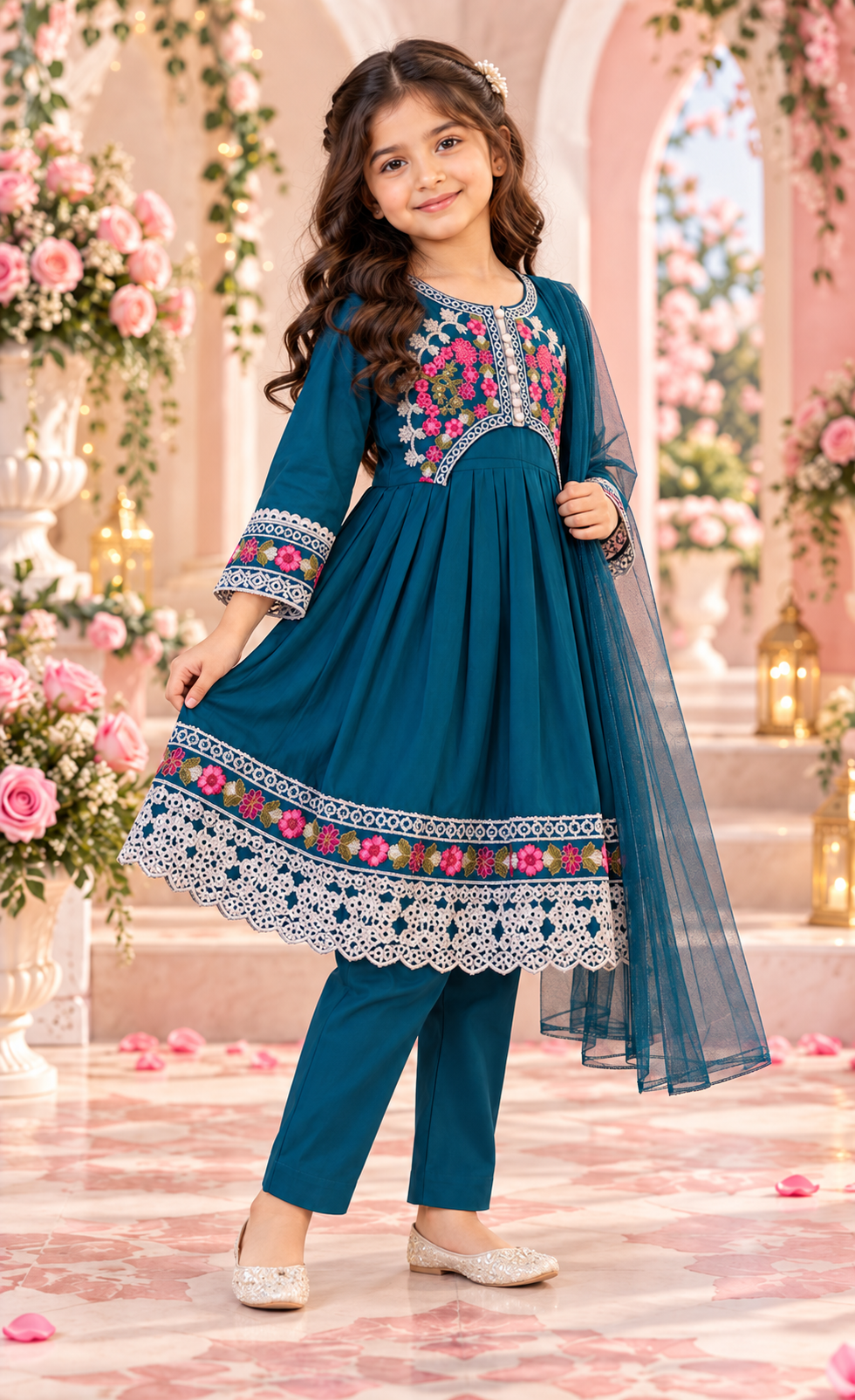 Kids Teal Floral Embroidered 3-Piece Suit