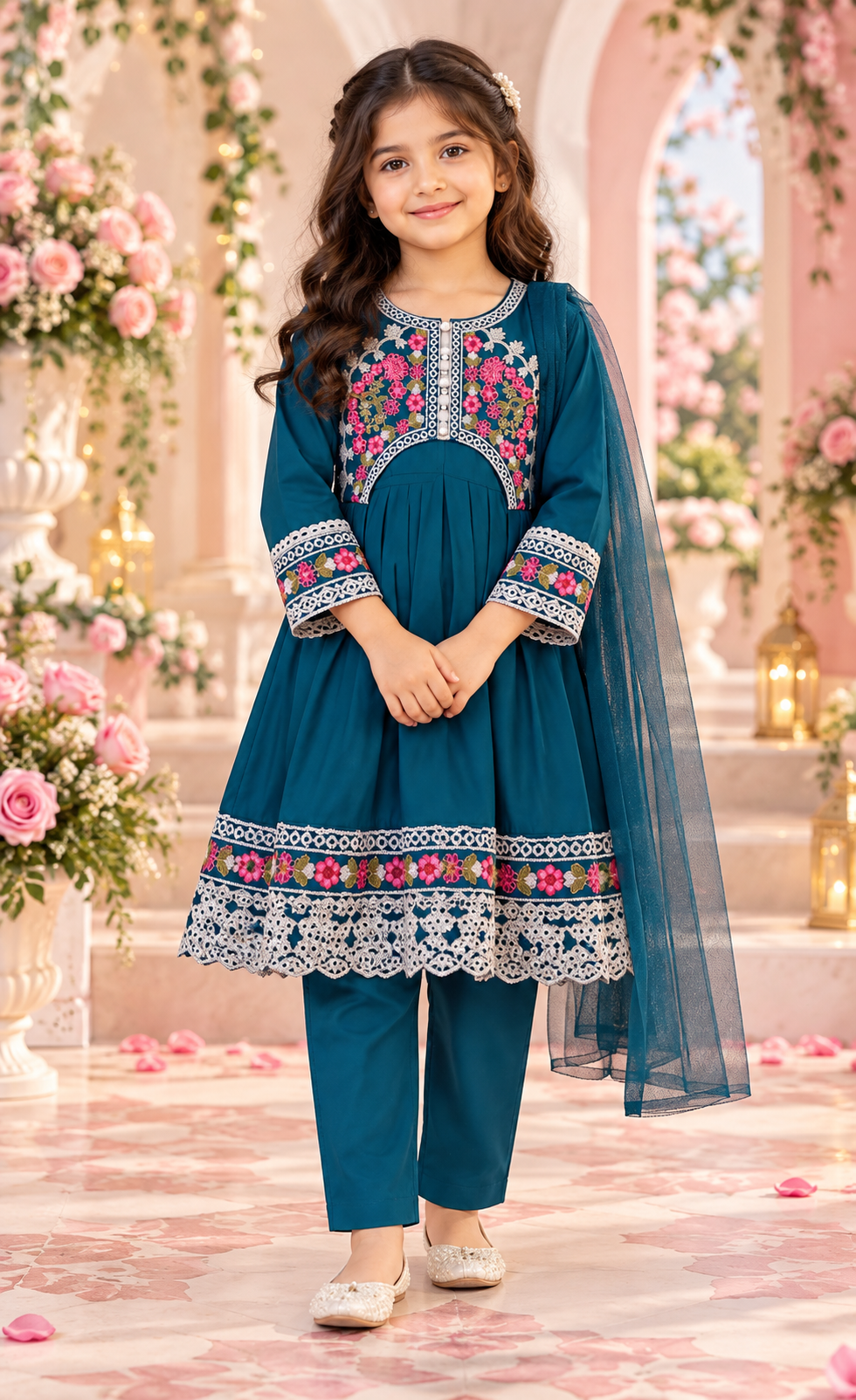 Kids Teal Floral Embroidered 3-Piece Suit