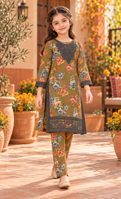 Kids Olive Floral Lace 2-Piece Suit