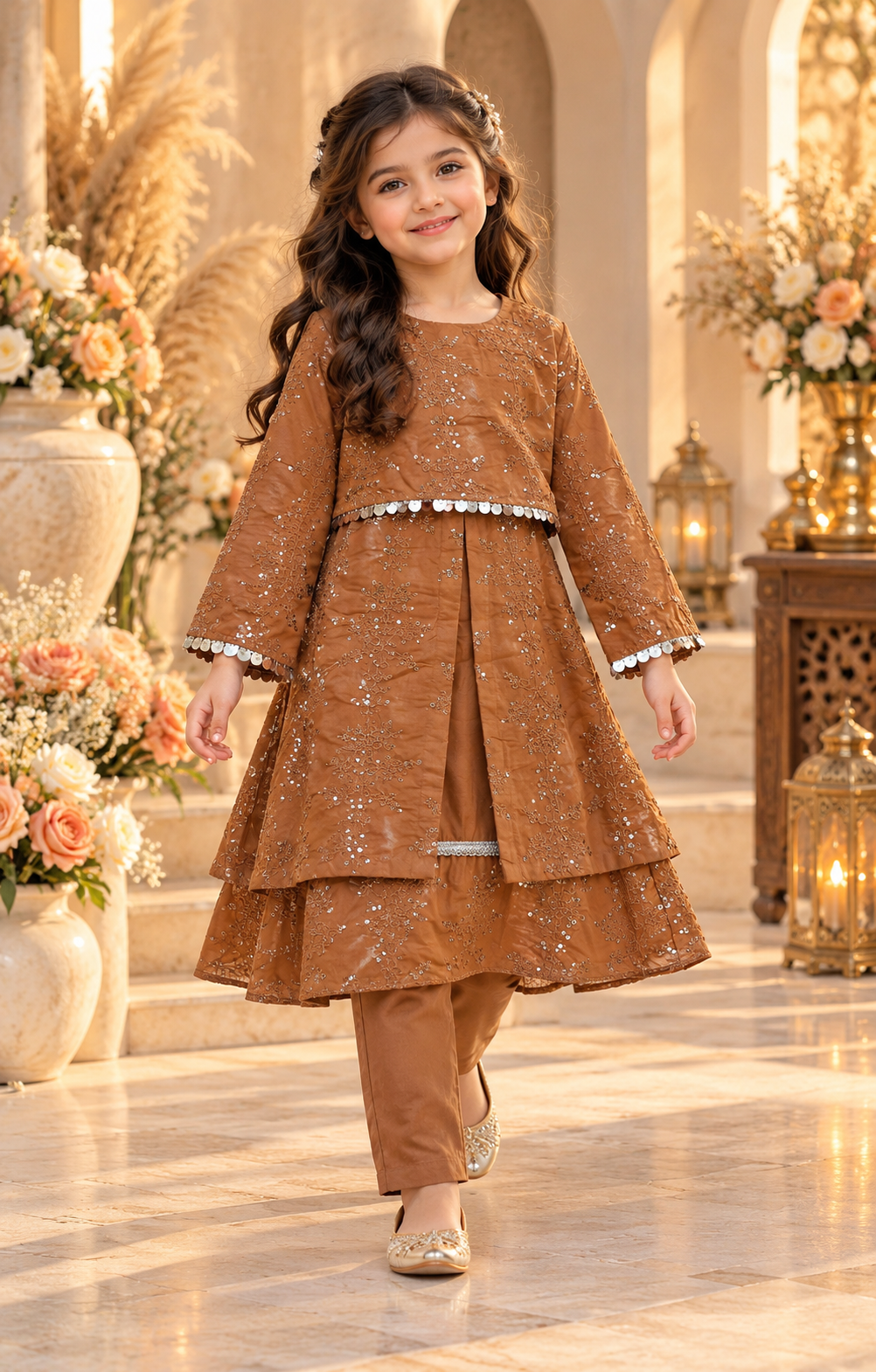 Kids Caramel Brown Embellished 4-Piece Set