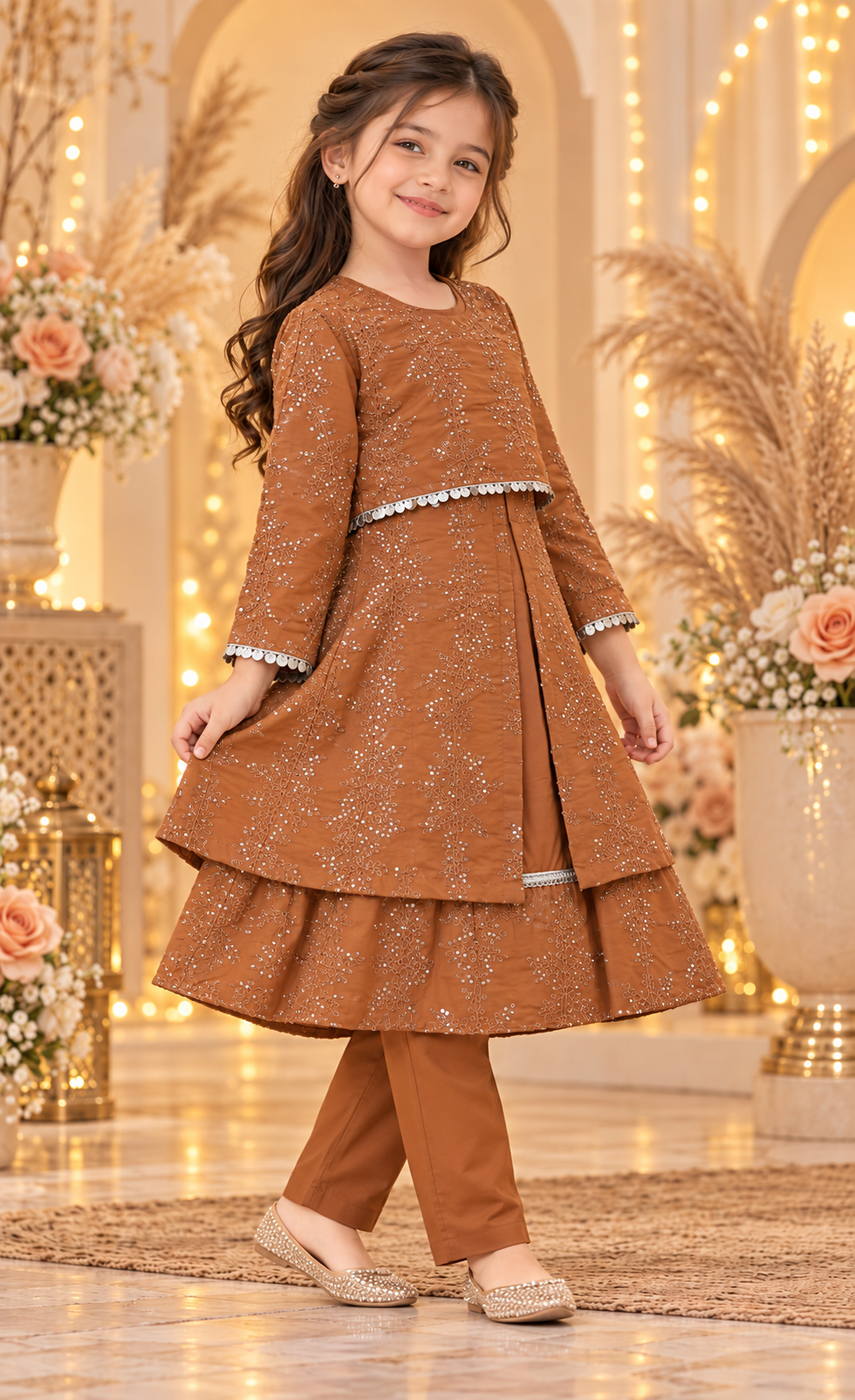 Kids Caramel Brown Embellished 4-Piece Set