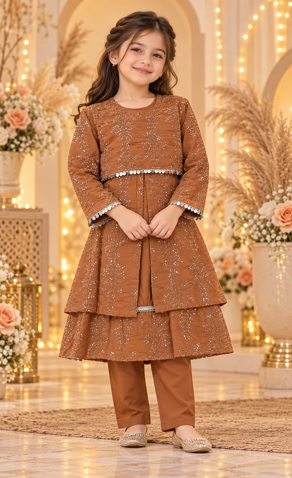 Kids Caramel Brown Embellished 4-Piece Set