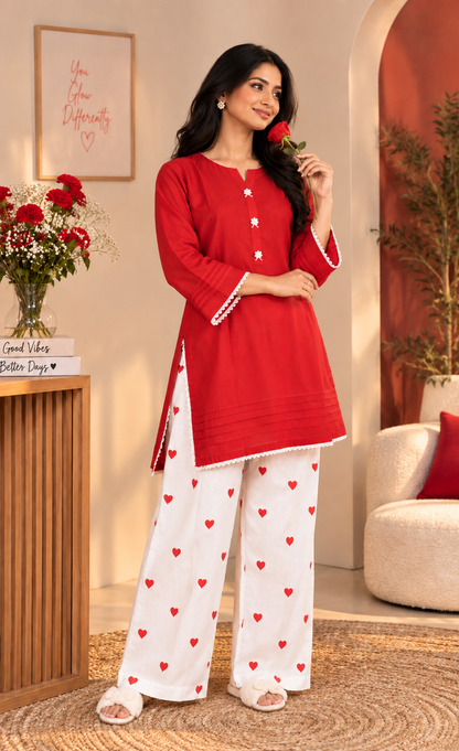 ZAW Fashion Red & White Heart Print 2-Piece Set