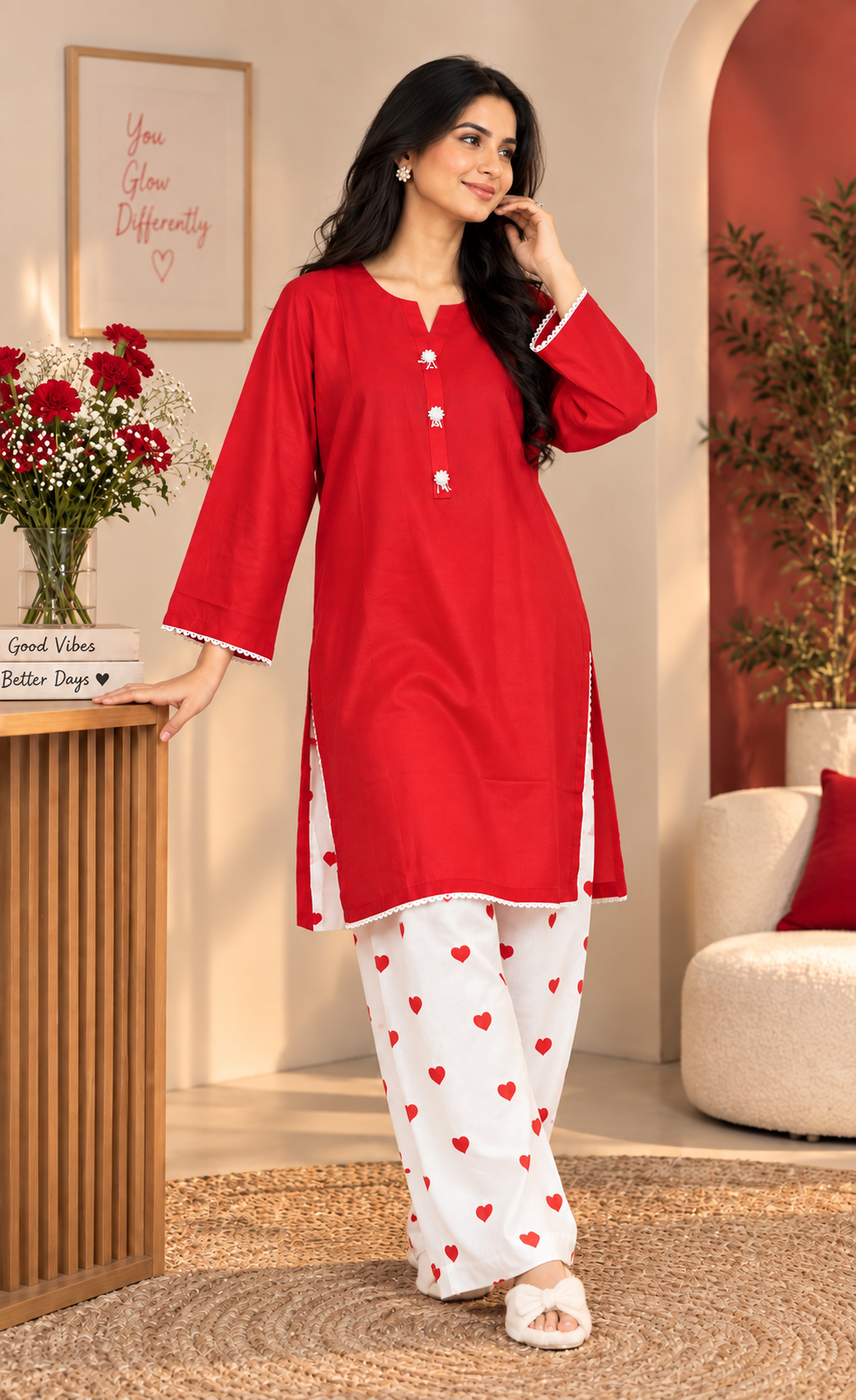 ZAW Fashion Red & White Heart Print 2-Piece Set