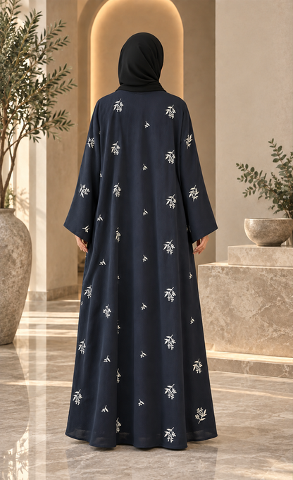 Navy Blue & Ivory Floral Abaya