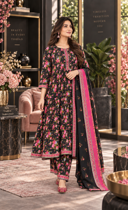 Minhal Black Floral Printed 3-Piece Suit