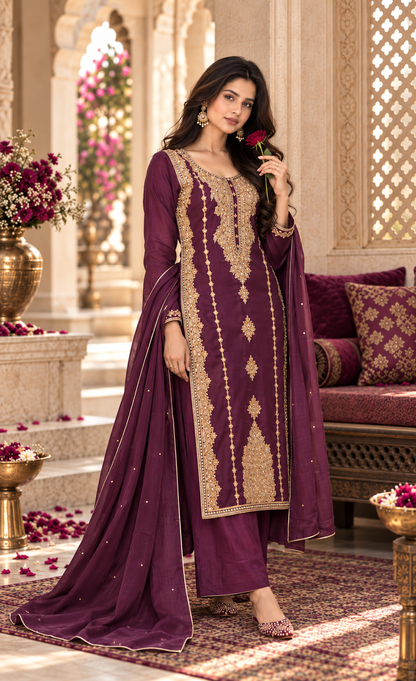 ZAW Fashion Deep Plum & Gold Embroidered 3-Piece Suit