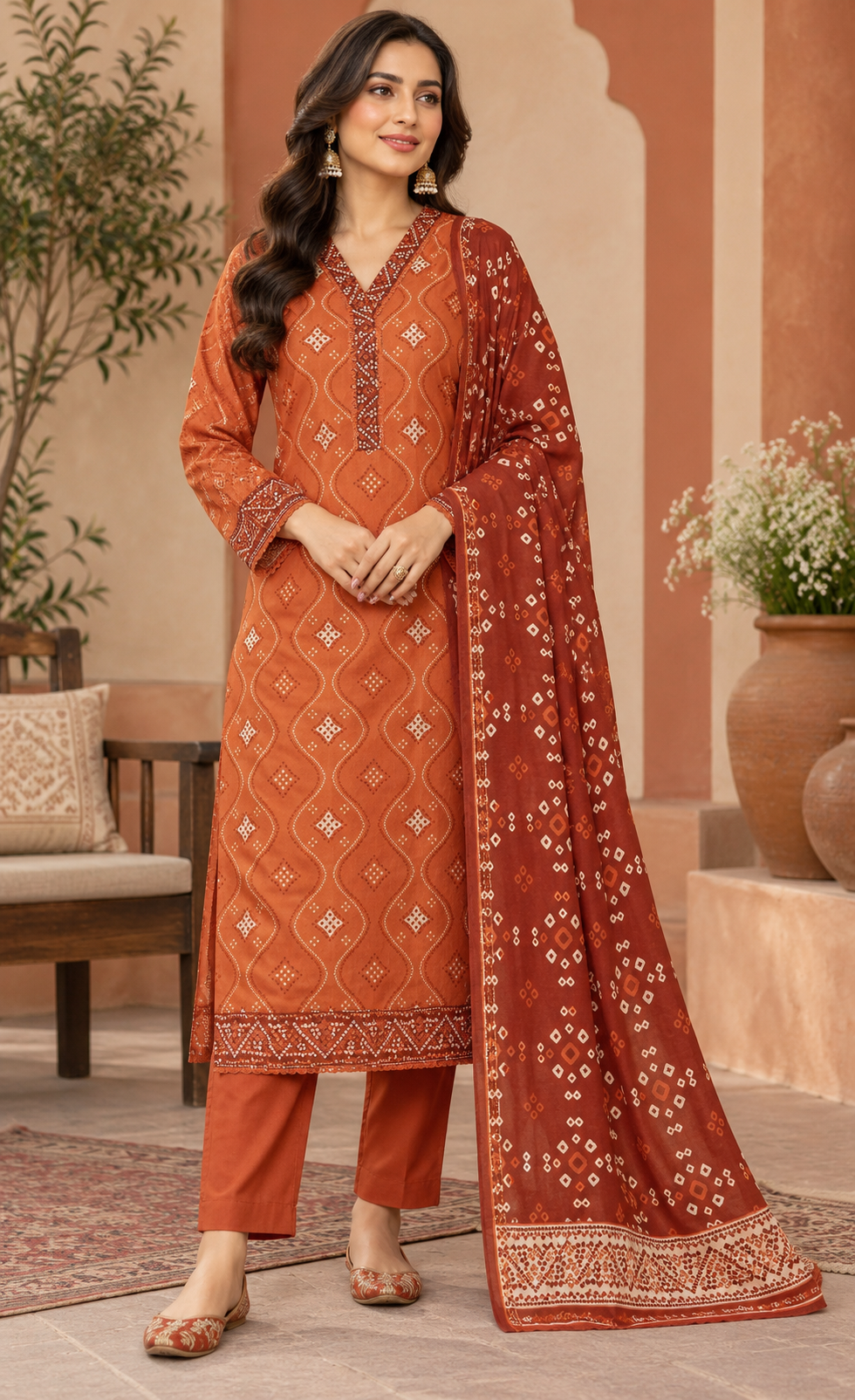 Tawakkal Rust Orange Printed 3-Piece Suit
