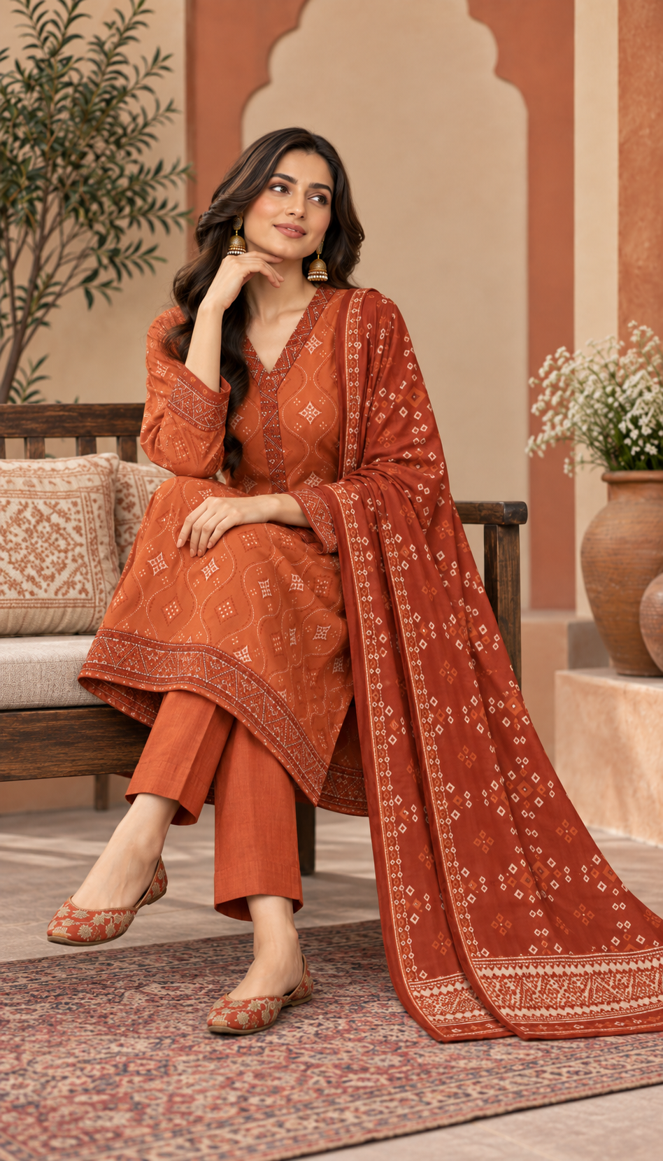 Tawakkal Rust Orange Printed 3-Piece Suit