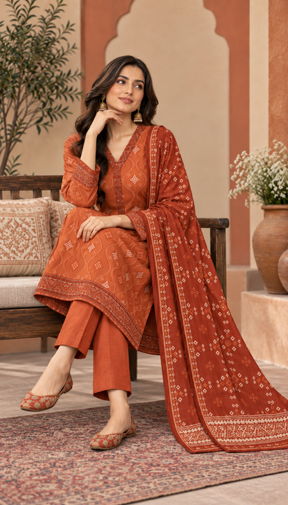 Tawakkal Rust Orange Printed 3-Piece Suit