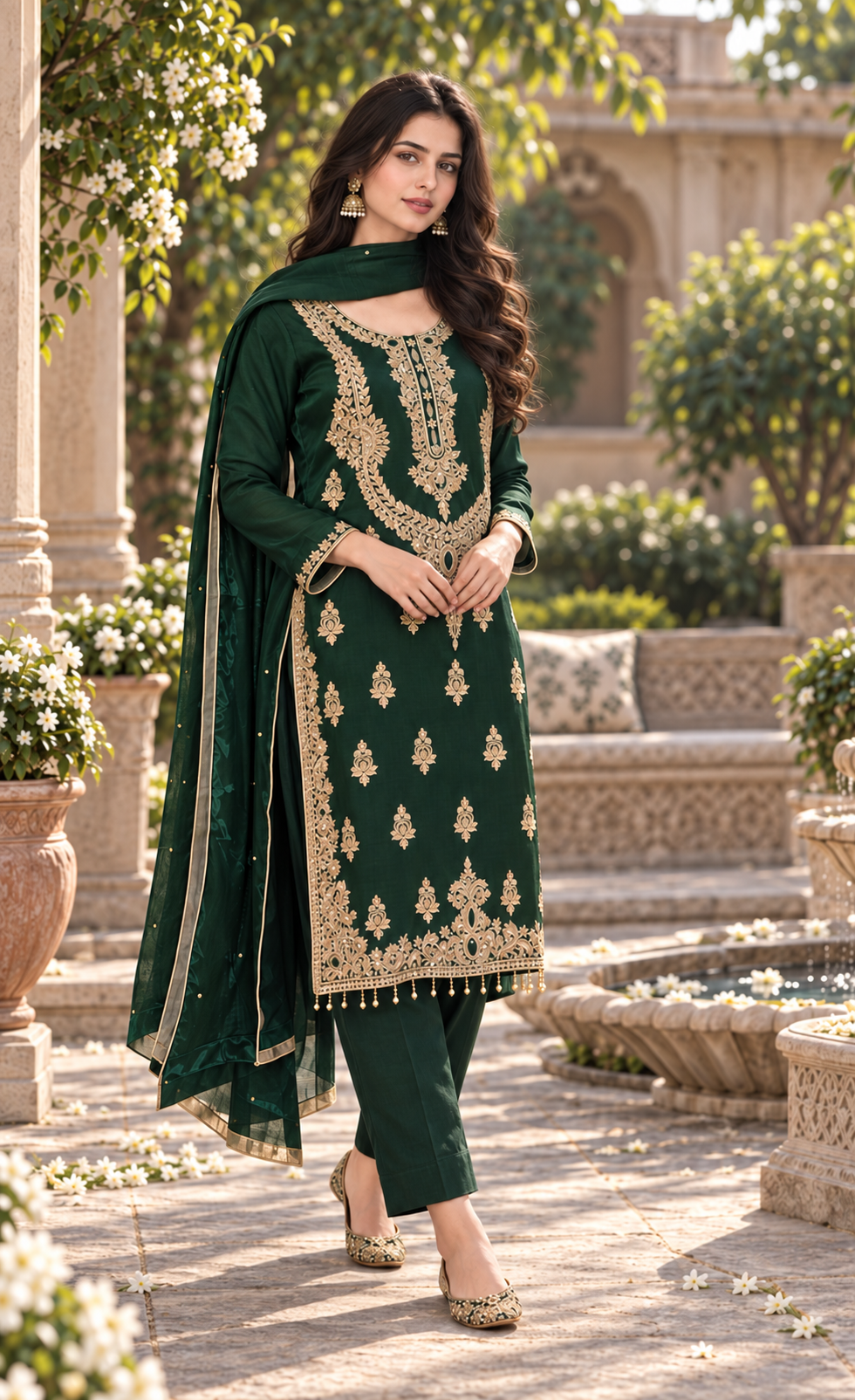 ZAW Fashion Emerald Green & Gold Embroidered 3-Piece Suit