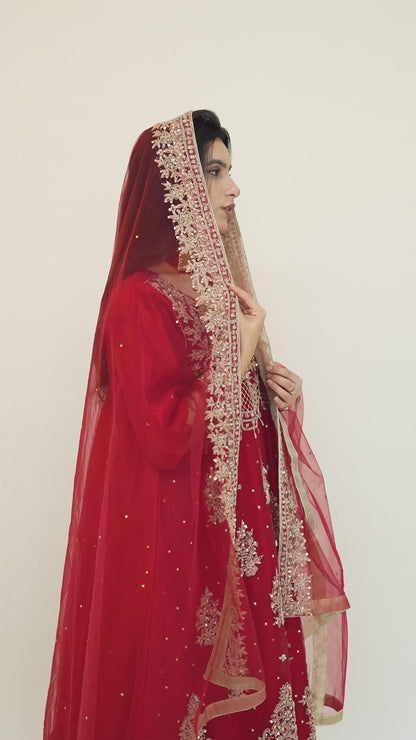 ZAW Fashion Crimson Red Embroidered Anarkali with Dupatta